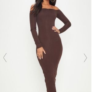 Sexy brown off shoulder body con dress.